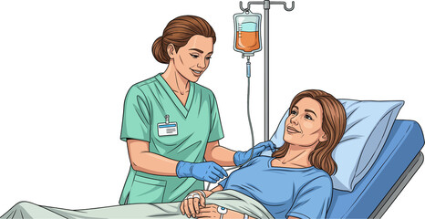 Illustration of a nurse caring for a hospitalized female patient with an IV. Representing clinical care. Nurse Caring for a Female Patient with an IV. Medical Illustration of Hospital Care.