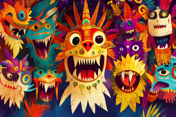 Indigenous storytellers recounting the legend of El Dorado to eager listeners, with visual symbols and motifs from their culture