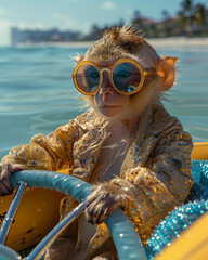 Stylish monkey wearing gold sequin jacket and sunglasses, confidently driving a boat. Luxury, humor, and summer vibes in one eccentric animal portrait.