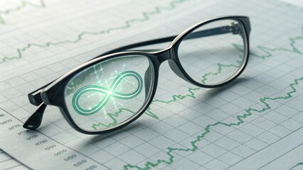 Vision of Infinite Potential: A pair of stylish spectacles rests on a stock chart, with an infinity symbol reflected in its lens, signifying boundless growth and possibilities in the financial world.