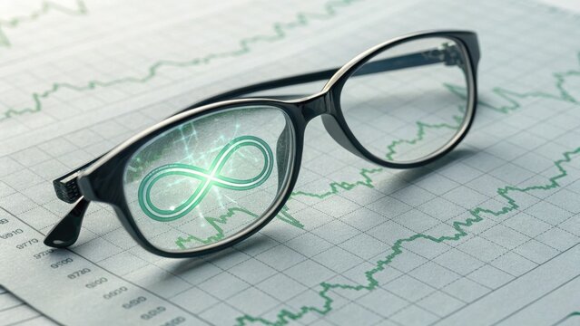 Vision of Infinite Potential: A pair of stylish spectacles rests on a stock chart, with an infinity symbol reflected in its lens, signifying boundless growth and possibilities in the financial world.