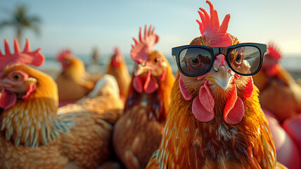 Cheerful rooster in sunglasses swimming in the water during sunset, animal recreation concept