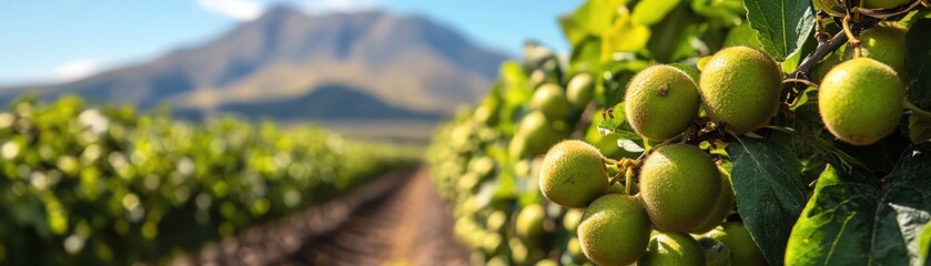 Kiwi vines heavy with fruit, mountain in background