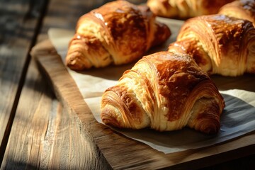 Buttery Croissants Freshly Baked on Parchment Paper . Fruits Background