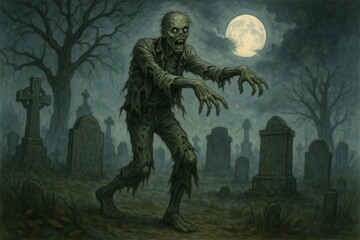 Fototapeta premium Zombie walking in a graveyard under moonlight with tombstones and bare trees. concept of Halloween, horror, night scene, creepy atmosphere