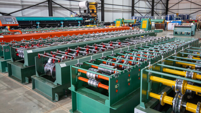 Zinc Strip Roofing Sheet. Close-up of roller strips in a metal sheet roofing roll forming machine. Metal sheet roof rolled from rolling machine