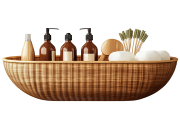 A woven basket filled with aromatic soaps lotions and natural bath essentials for a spa day on a transparent background
