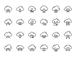 Set of 24 Cloud Computing Line Icons Representing Data Upload  Download Synchronization  and Network Storage Concepts in Minimalist Style