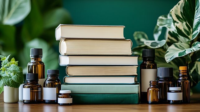 Books with Essential Oils, and Green Background.