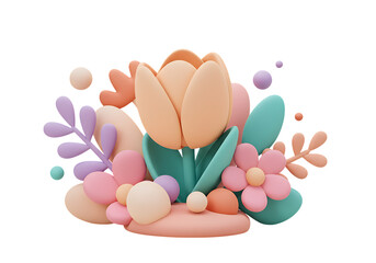 cute pastel 3d spring flower bouquet, isolated on transparent background