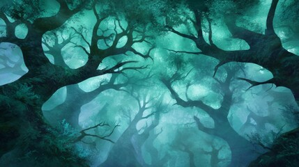 Towering, gnarled trees surrounded by vibrant green foliage in a misty forest create an atmosphere that is both tranquil and mysterious