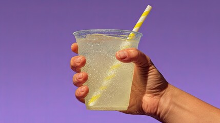 Hand holding a plastic cup of fresh lemonade with a straw on purple background