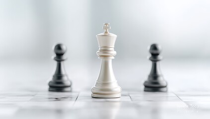 A green king piece on a chessboard takes center stage, with two white pawns positioned on either side, and an abstract, blurred background that heightens the emphasis on strategic gameplay