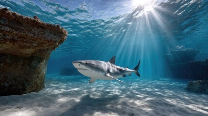 Fototapeta premium Tiger shark underwater sunlight