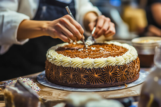 Baker decorating a cake with icing and intricate designs, with various decorating tools and sprinkles on the counter