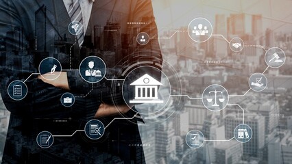 Futuristic digital law interface displaying justice scale, highlighting digital law, AI compliance,...