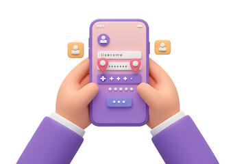 3d hands holding phone login screen, isolated on transparent background