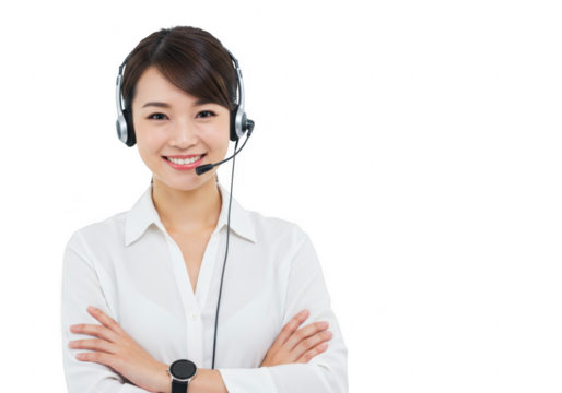 Smiling asian woman customer service representative with headset isolated on transparent background