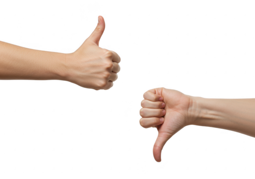 Thumbs up and thumbs down gestures isolated on transparent background