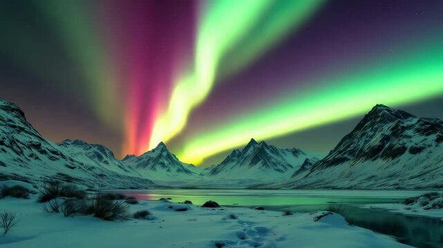 Vibrant green and purple aurora borealis waves dance across night sky above snow-covered mountain range and frozen lake. Concept of natural wonder and polar magic