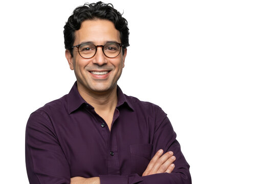 Smiling man with glasses and crossed arms isolated on transparent background