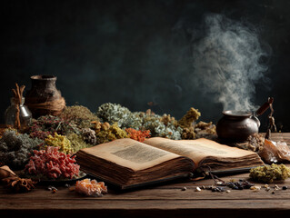 Witchcraft spellbook and herbs