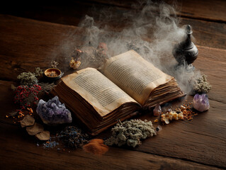 Witchcraft spellbook and herbs