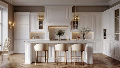White kitchen with gold accents, elegant island