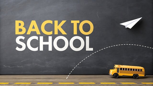 Yellow school bus and paper airplane fly over dashed line on blackboard background for back to school