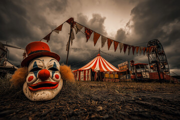 Creepy abandoned carnival with clown mask