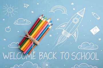 Colorful pencils and rocket drawing on blue background with welcome back to school text