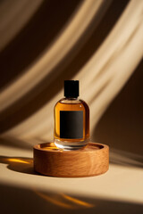 Naklejka premium Classic amber perfume bottle mockup with black square label on smooth wooden base and warm spotlight glow