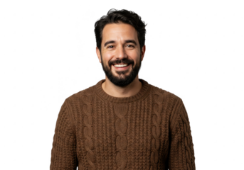Smiling man with beard wearing a brown cable knit sweater isolated on transparent background