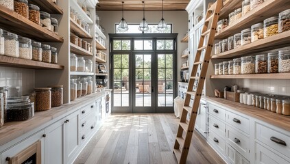Obraz premium Spacious, light-filled pantry with wood accents