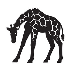 A stencil art illustration of a black giraffe silhouette against a bright white background.