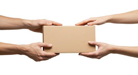 Handing Over a Cardboard Box Package From One Person to Another with White Background