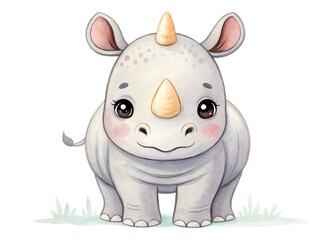 Naklejka premium Watercolor cute kawaii rhino illustration