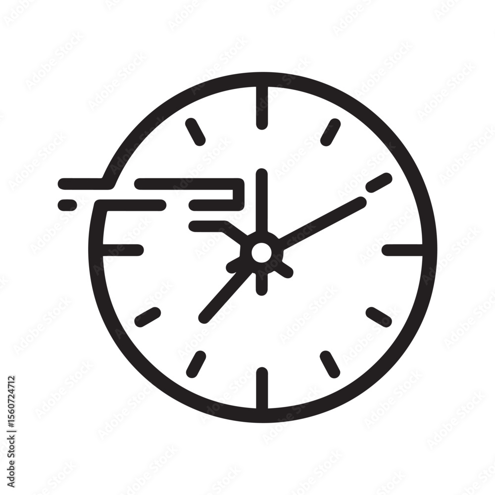 Poster black line icon of a clock with dynamic motion blur or speed lines to the left, representing fast ti