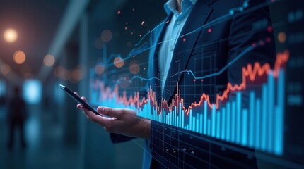 Businessman analyzing virtual financial data with smartphone in modern office environment