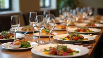 Elegant dining setup with gourmet meals and fine glassware on wooden table at upscale restaurant