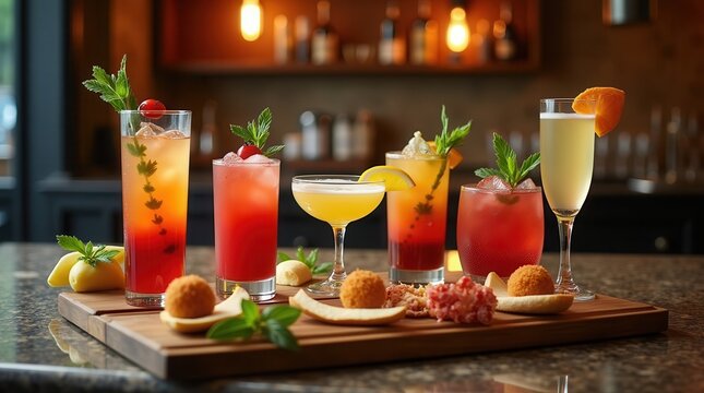 Assorted colorful cocktails with appetizers in elegant bar setting