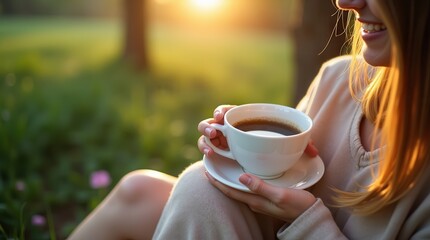 Relaxing morning: woman enjoying coffee in sunlit garden atmosphere