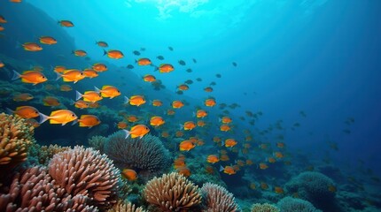Obraz premium Vibrant underwater scene with orange fish swimming over coral reefs in clear blue ocean