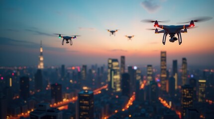 Futuristic drones flying above city skyline at sunset with illuminated buildings