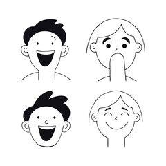 Set of Expressive Cartoon Faces in Black and White, Hand-Drawn Character Emotions Illustration