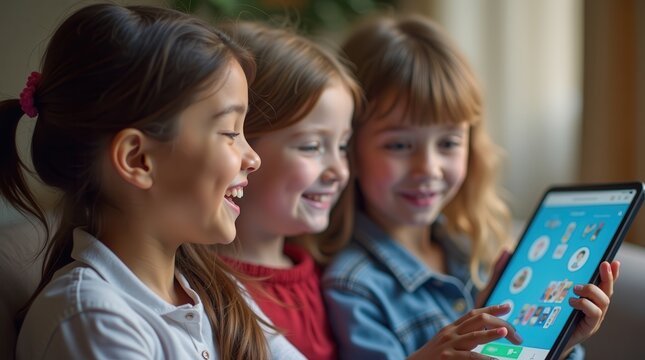 Joyful children engaged in educational tablet learning at home - Powered by Adobe