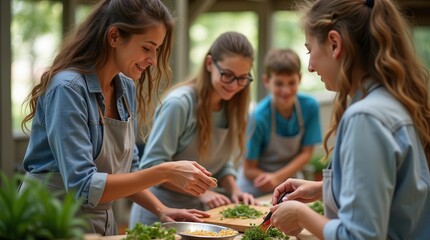 Group cooking class: friends enjoying culinary experience and preparing fresh ingredients
