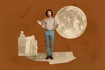 Zine 3d poster art collage of happy girl guy stand space galaxy moon planet cosmos discovery...