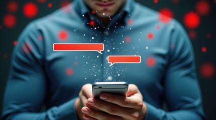 Person texting with cybersecurity alerts: digital communication and security warnings