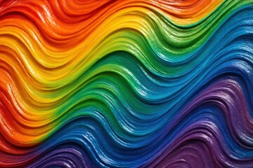 Obraz premium Vibrant rainbow color waves with textured paint strokes creating an abstract pattern.